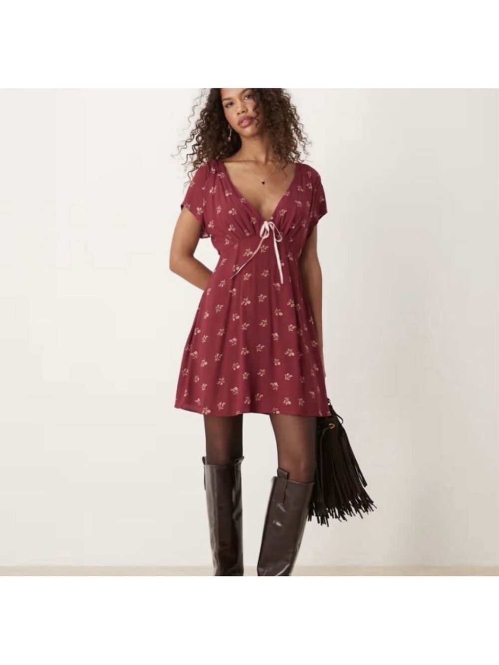 NWT Free People Rosewood Floral V-Neck Tie-Front Mini Dress